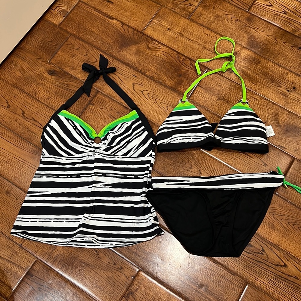 Jag Swimsuit bundle 3 pieces bikini top, bottom, tankini black white zebra EUC